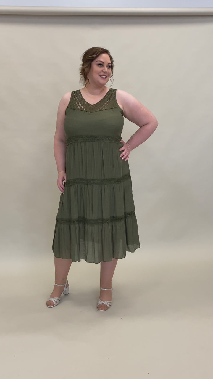 Khaki Green Cotton Style Plus Style Maxi Dress with Lace Detailing