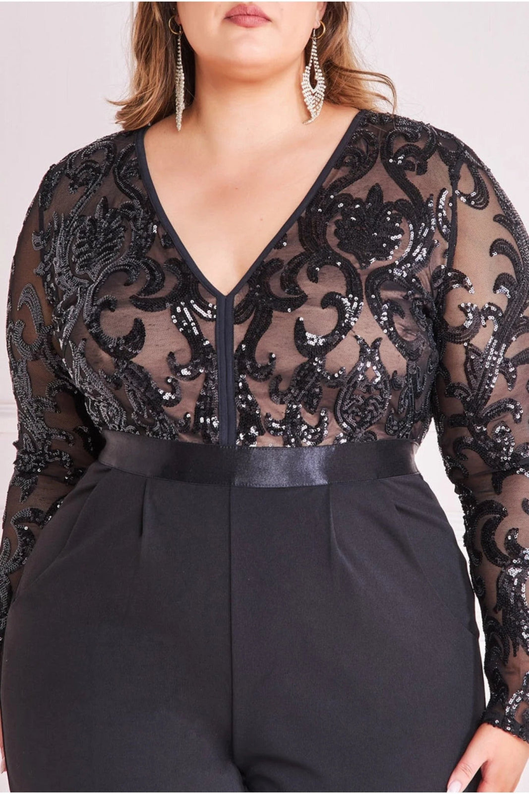 Goddiva Plus Sequin Mesh Jumpsuit | Black - Curvy Chic Boutique