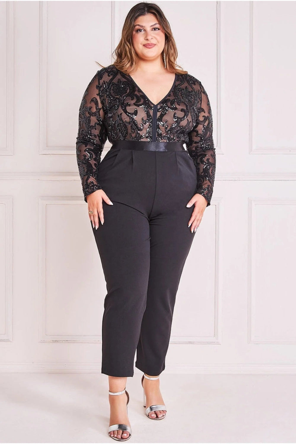 Goddiva Plus Sequin Mesh Jumpsuit | Black - Curvy Chic Boutique