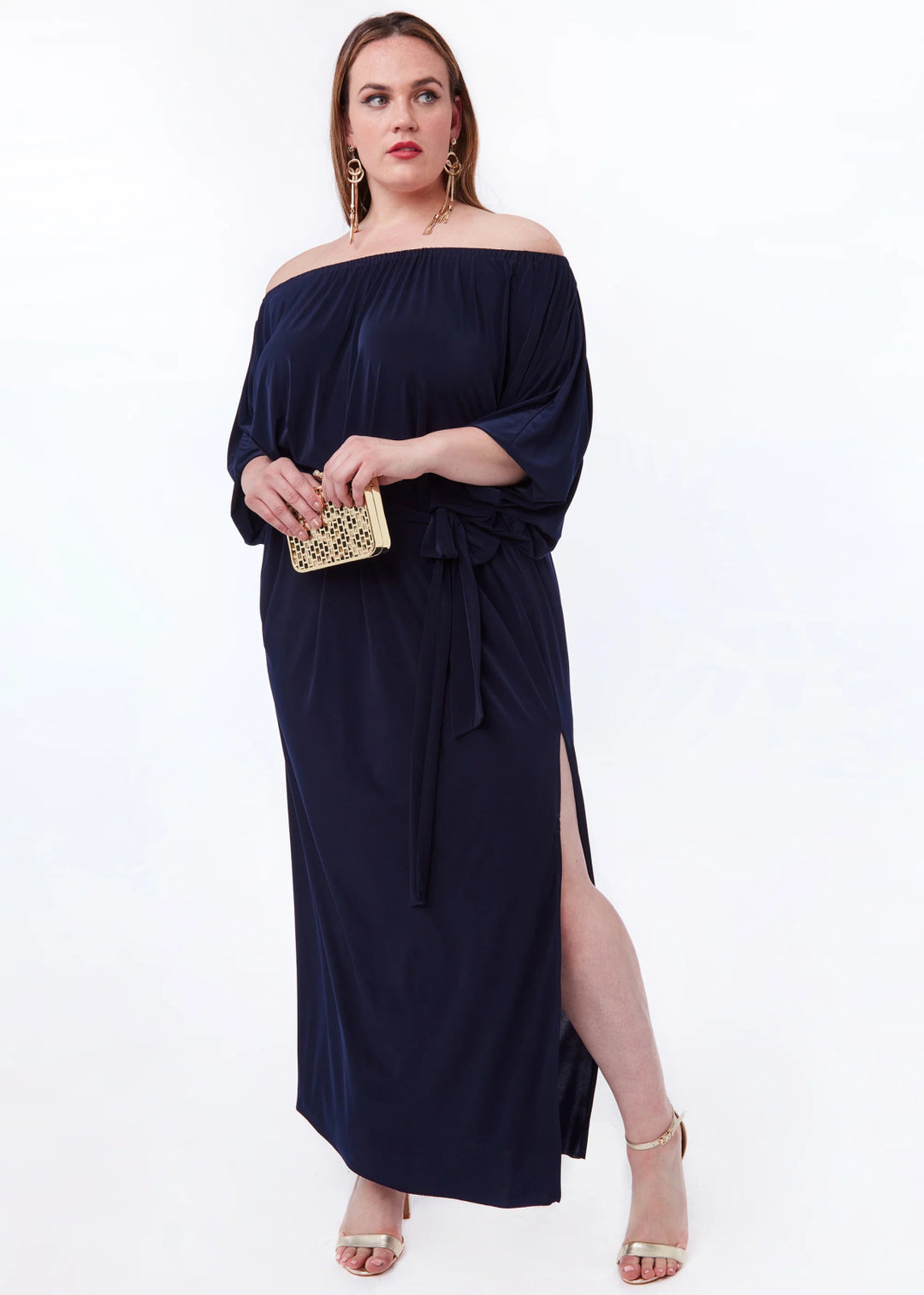 Goddiva Plus Size Off The Shoulder Multiway Maxi Dress With Slit in Navy - Curvy Chic Boutique