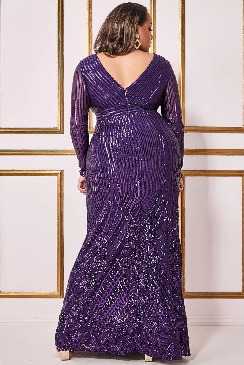 Goddiva Purple Plus Long Sleeve V Wrap Evening Maxi Dress - Curvy Chic Boutique