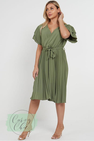 Khaki Green v-neck Pleated Plus Size Midi Dress - Curvy Chic Boutique