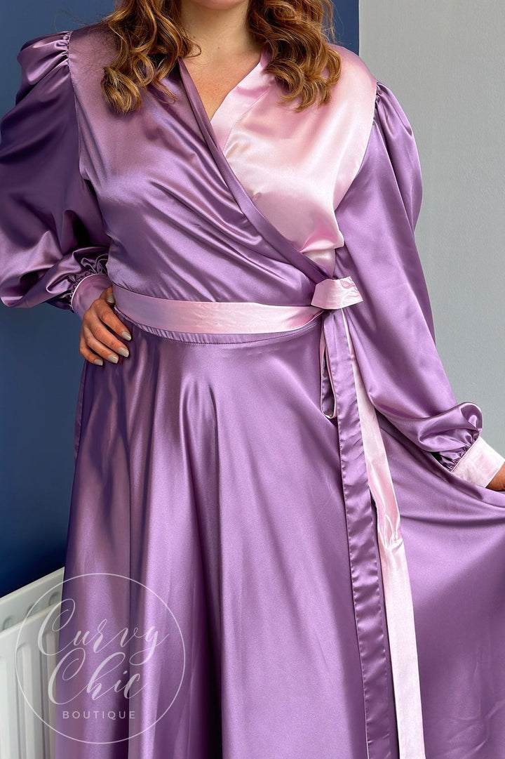 Long Sleeve Plus Size Satin Style Duo Colour Maxi Wrap Dress - Curvy Chic Boutique