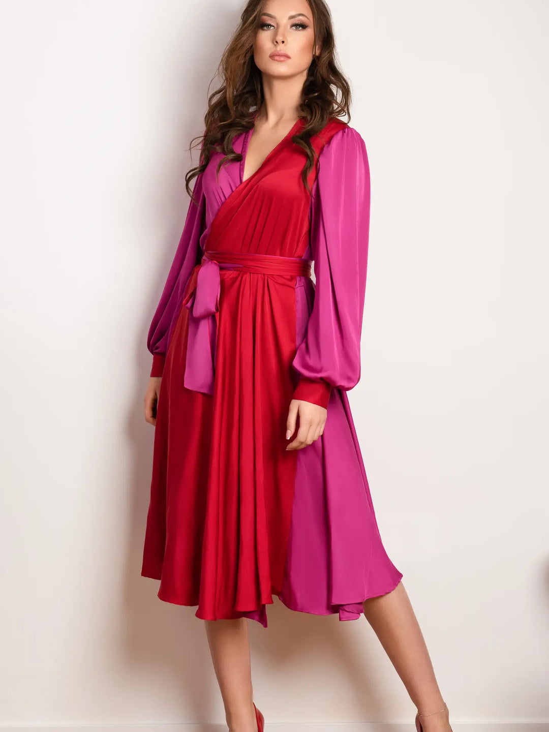 Pink + Red Long Sleeve Plus Size Satin Style Duo Colour Midi Wrap Dres ...