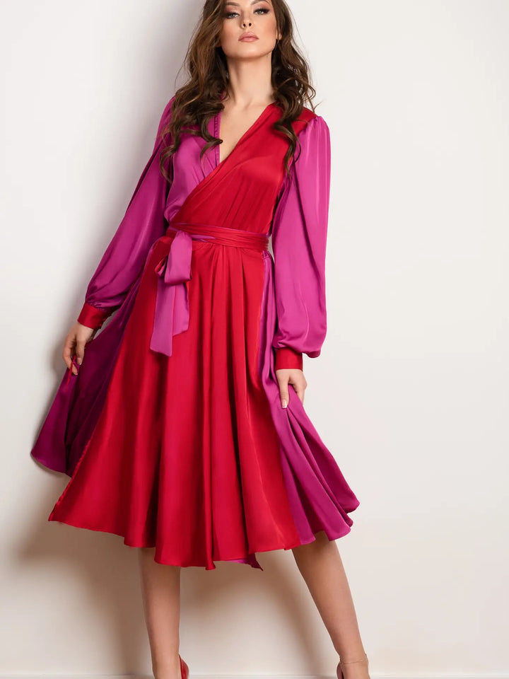 Long sleeve plus size satin style duo colour maxi wrap dress - pink and red - Curvy Chic Boutique