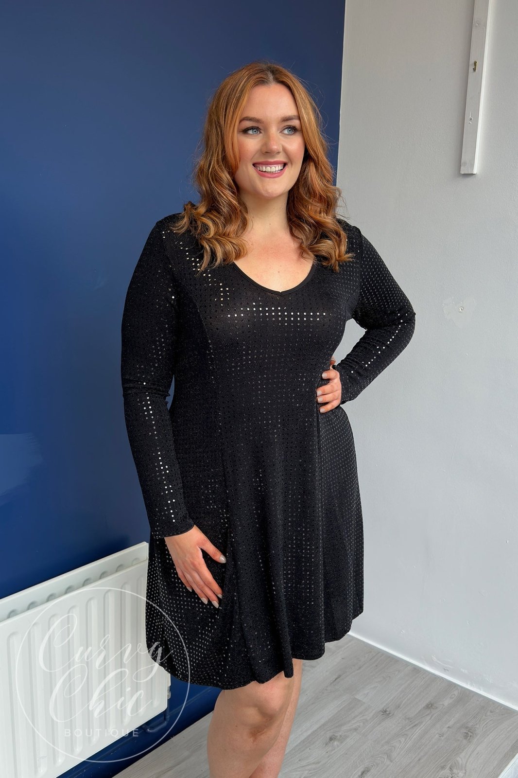 Long Sleeve Sequin A Line Plus Size Midi Dress in Black or Silver - Curvy Chic Boutique