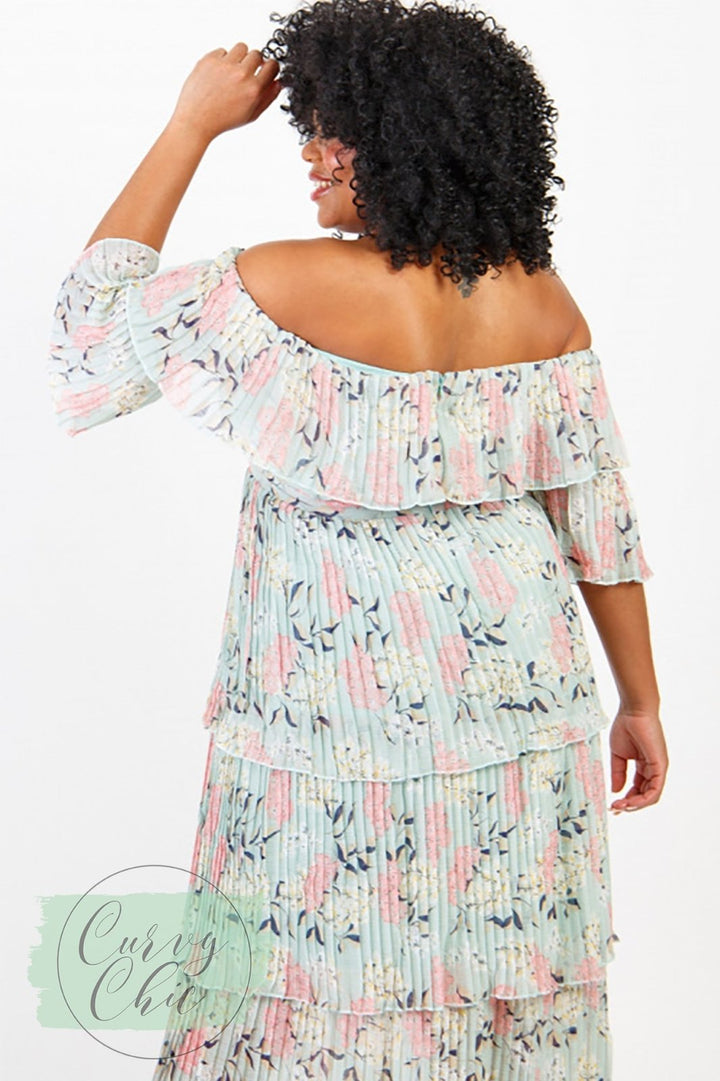 Lovedrobe Luxe Mint Floral Bardot Pleat Maxi Dress - Curvy Chic Boutique