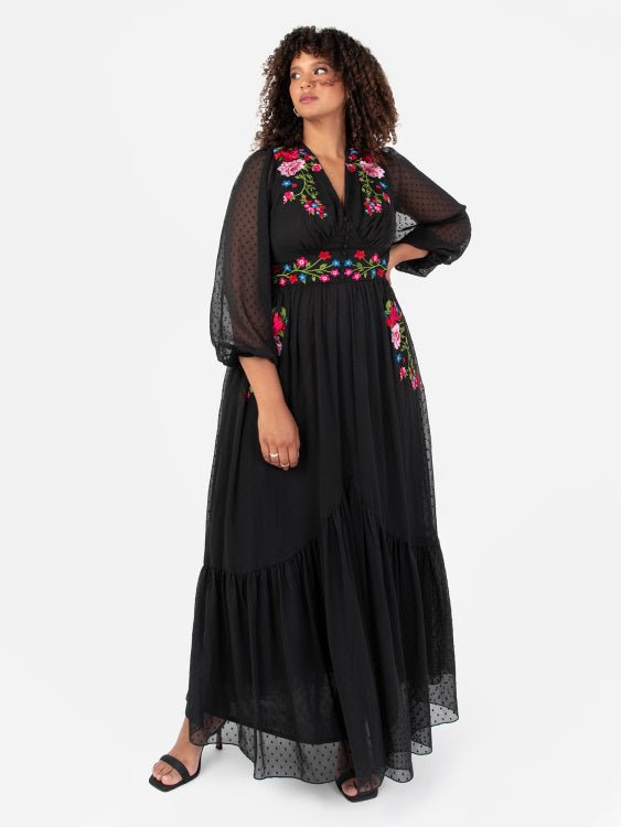 Lovedrobe Luxe Plus Size Black Floral Embroidered Maxi Dress - Curvy Chic Boutique