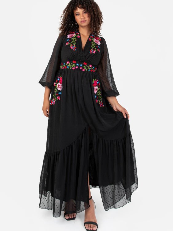 Lovedrobe Luxe Plus Size Black Floral Embroidered Maxi Dress - Curvy Chic Boutique