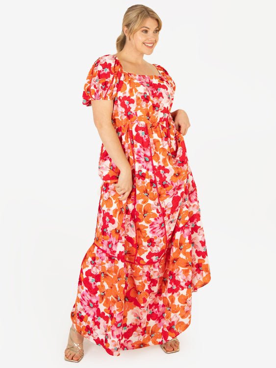 Lovedrobe Luxe Plus Size Square Neck Red & Orange Floral Lace Maxi Dress - Curvy Chic Boutique