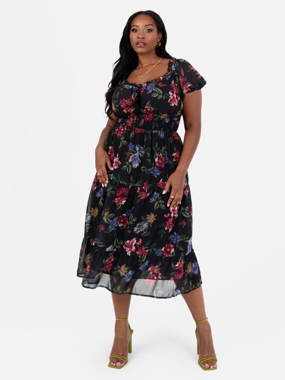 Lovedrobe Plus Size Floral Print Sweetheart Neck Midi Dress - Curvy Chic Boutique