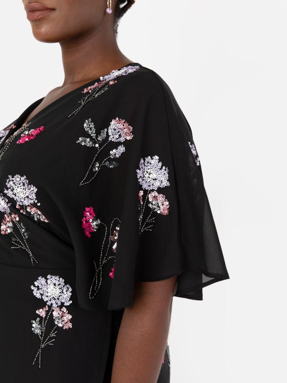 Maya Black Floral Embellished Wrap Plus Size Maxi Dress - Curvy Chic Boutique