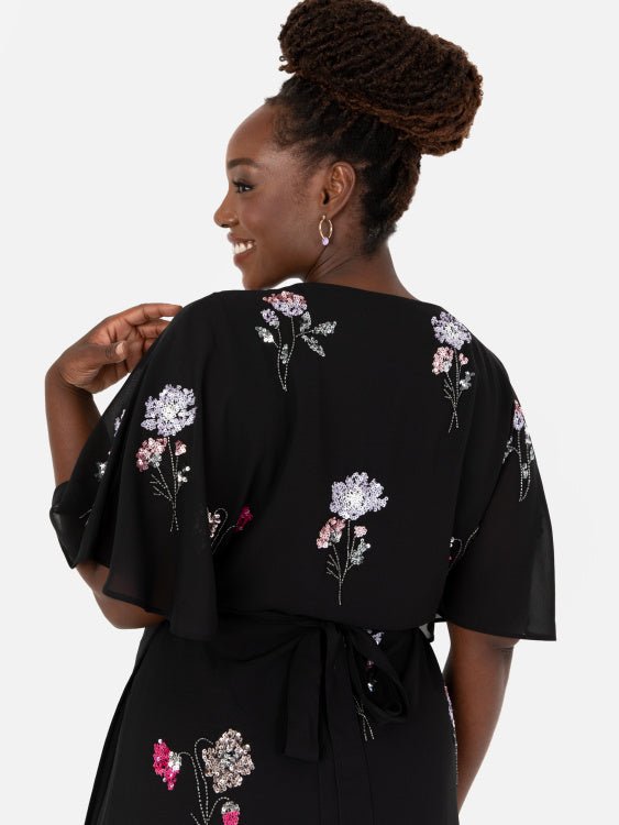 Maya Black Floral Embellished Wrap Plus Size Maxi Dress - Curvy Chic Boutique