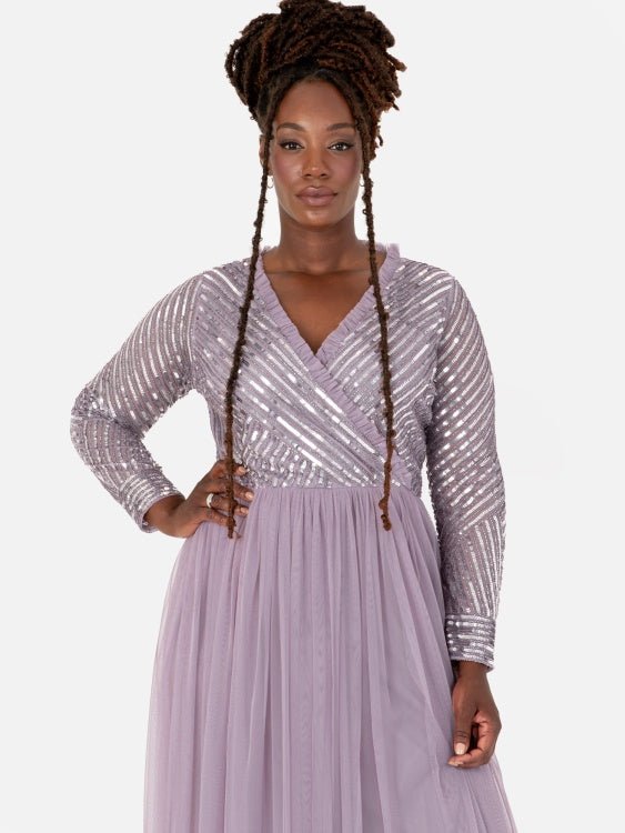 Maya Moody Plus Size Lilac Stripe Embellished Faux Wrap Bodice Maxi Dress - Curvy Chic Boutique