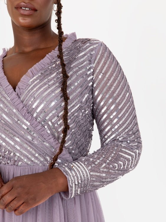 Maya Moody Plus Size Lilac Stripe Embellished Faux Wrap Bodice Maxi Dress - Curvy Chic Boutique