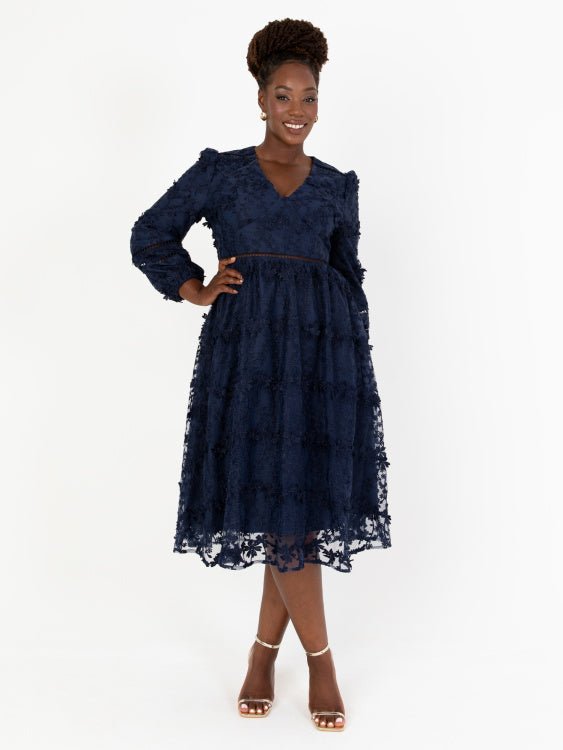 Maya Plus Size Navy 3D Floral Embroidered Long Sleeve Midi Dress Curvy Chic Boutique