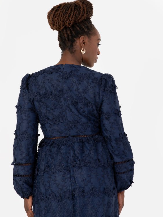 Maya Plus Size Navy 3D Floral Embroidered Long Sleeve Midi Dress - Curvy Chic Boutique