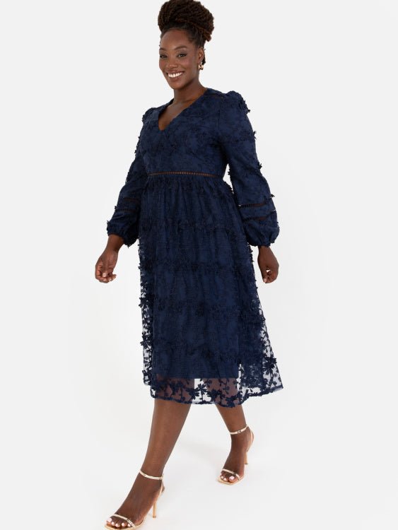 Maya Plus Size Navy 3D Floral Embroidered Long Sleeve Midi Dress - Curvy Chic Boutique