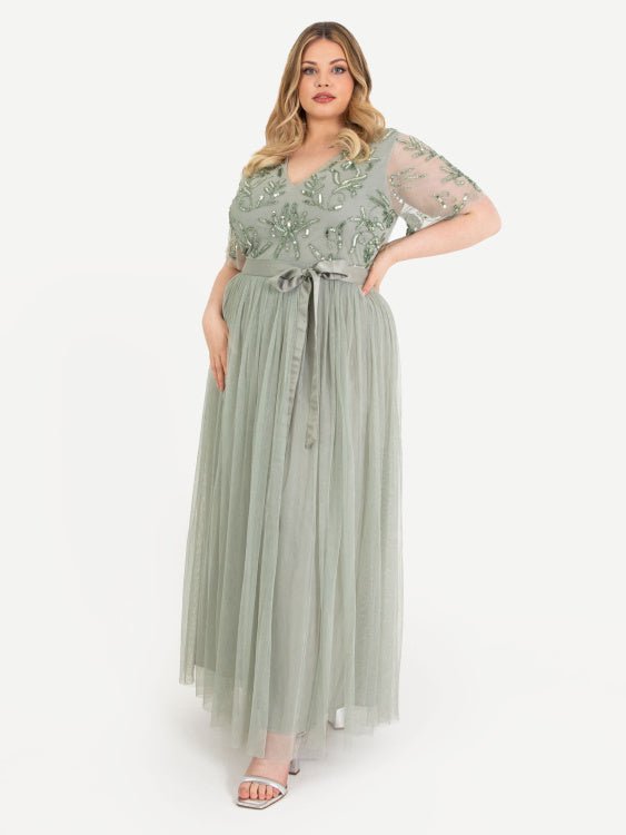 Maya Plus Size Sage Green Floral Embellished Maxi Dress with Sash Belt - Curvy Chic Boutique