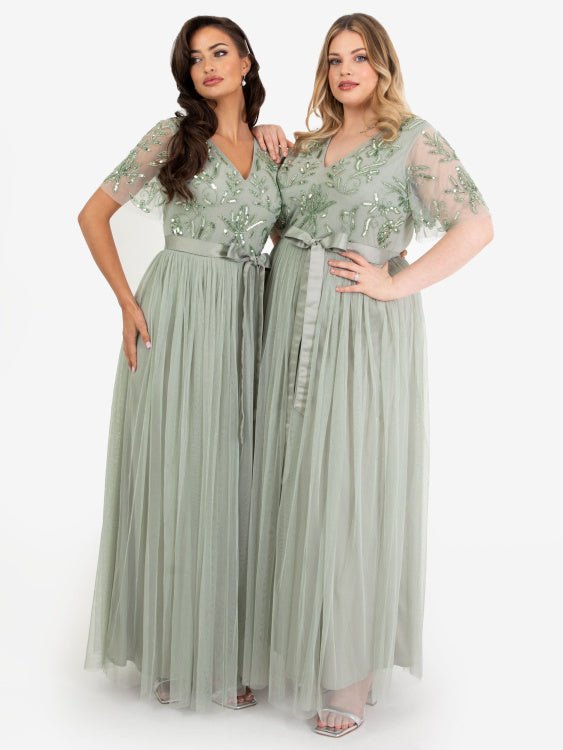 Maya Plus Size Sage Green Floral Embellished Maxi Dress with Sash Belt