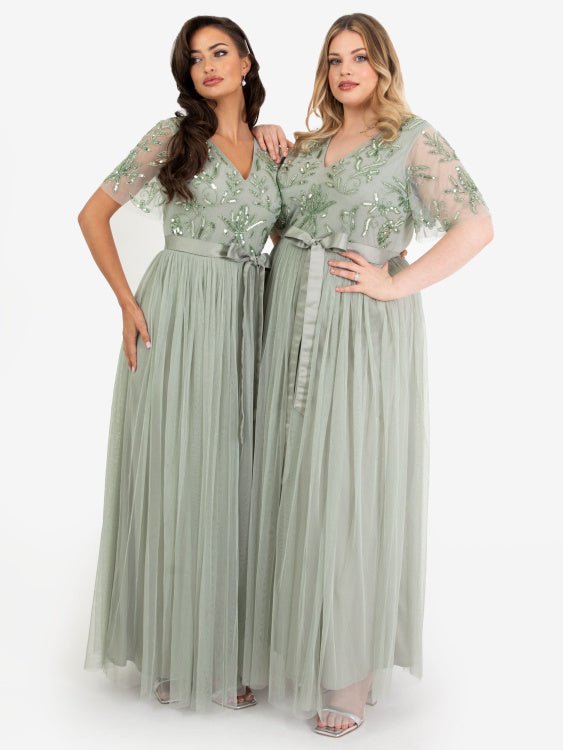 Maya Plus Size Sage Green Floral Embellished Maxi Dress with Sash Belt - Curvy Chic Boutique