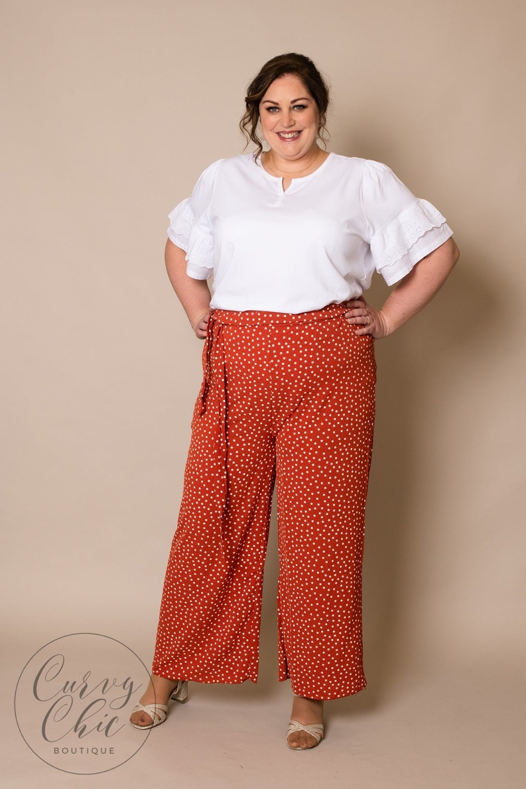 Navy or Rust Polka Dot Wide Leg Trousers - Curvy Chic Boutique