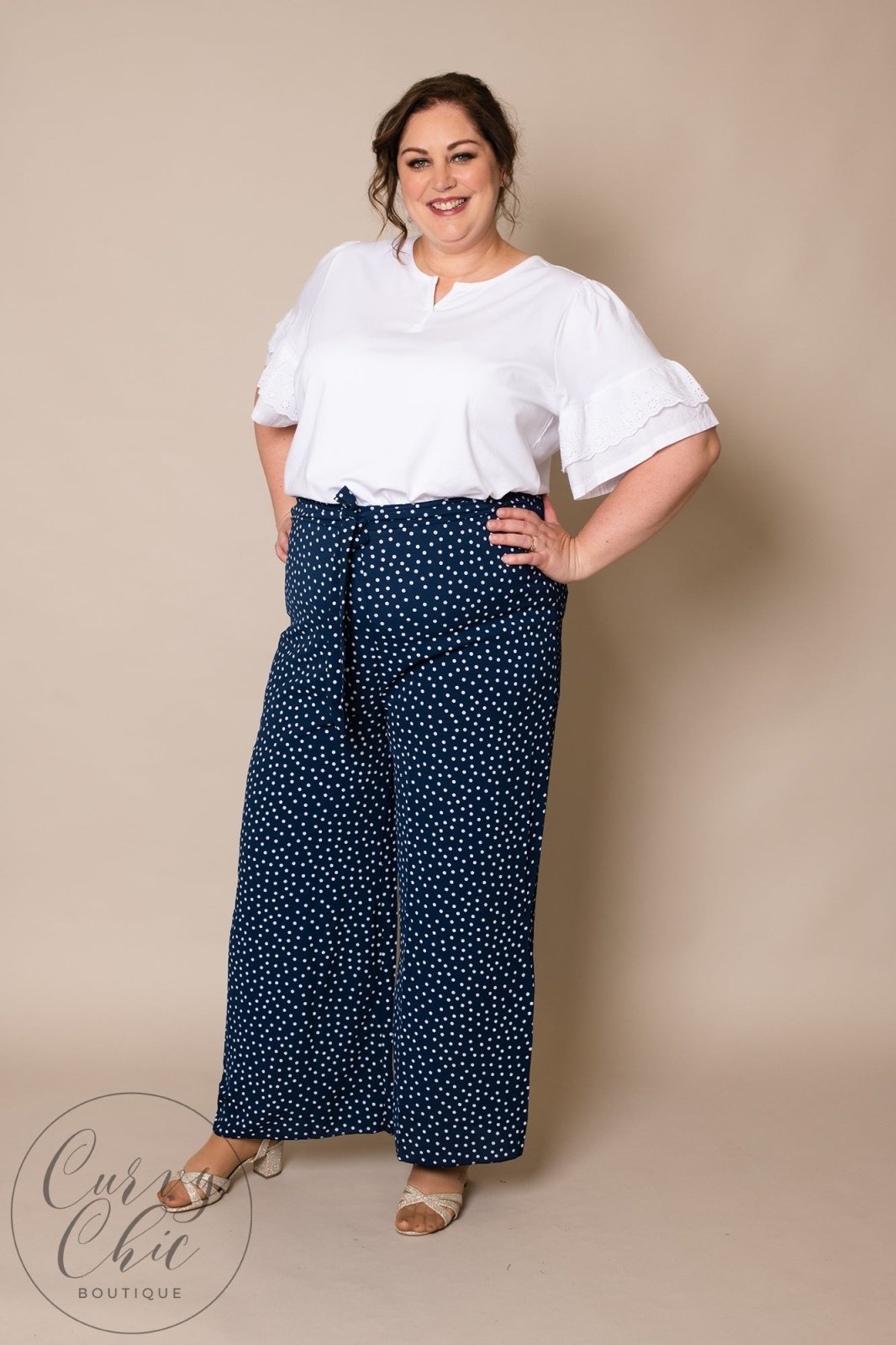 Navy or Rust Polka Dot Wide Leg Trousers - Curvy Chic Boutique