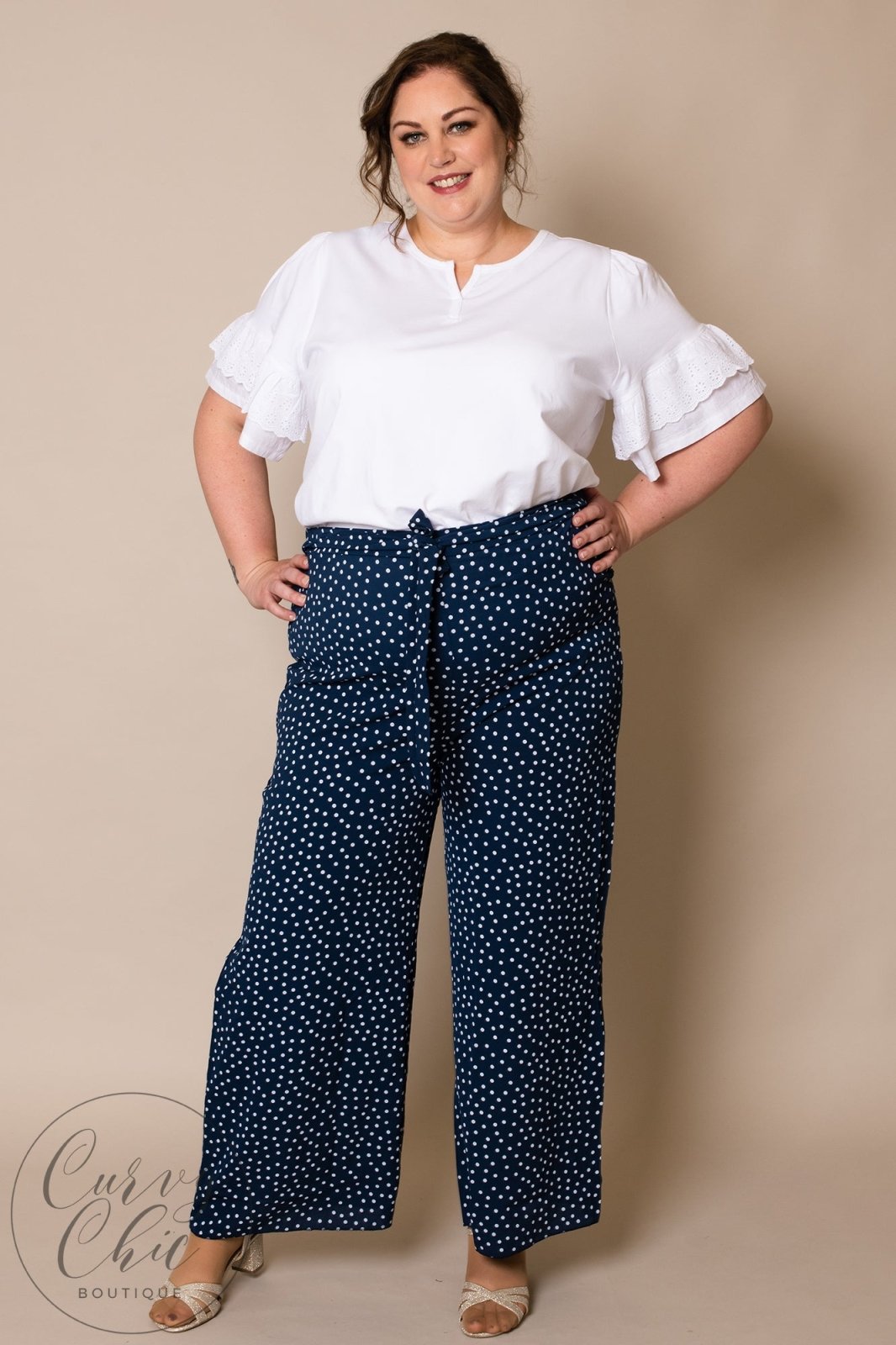 Navy or Rust Polka Dot Wide Leg Plus Size Trousers