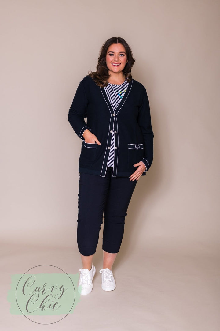 Navy & White Cardigan with Pockets - Curvy Chic Boutique