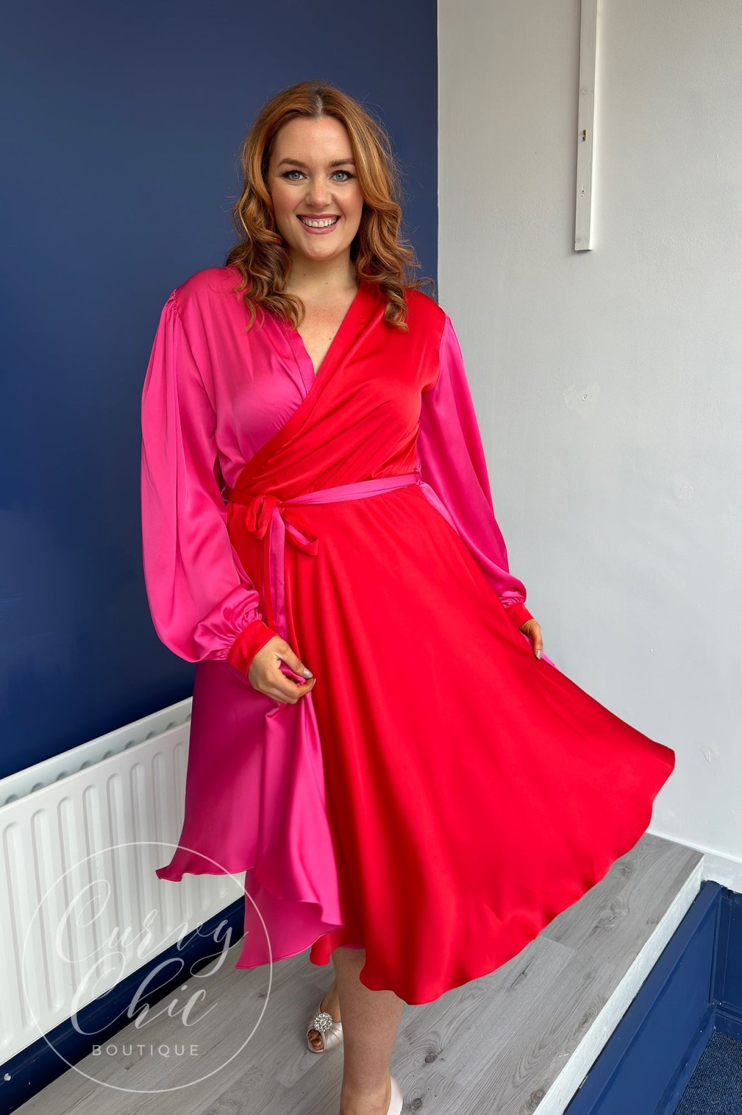 Pink + Red Long Sleeve Plus Size Satin Style Duo Colour Midi Wrap Dress - Curvy Chic Boutique