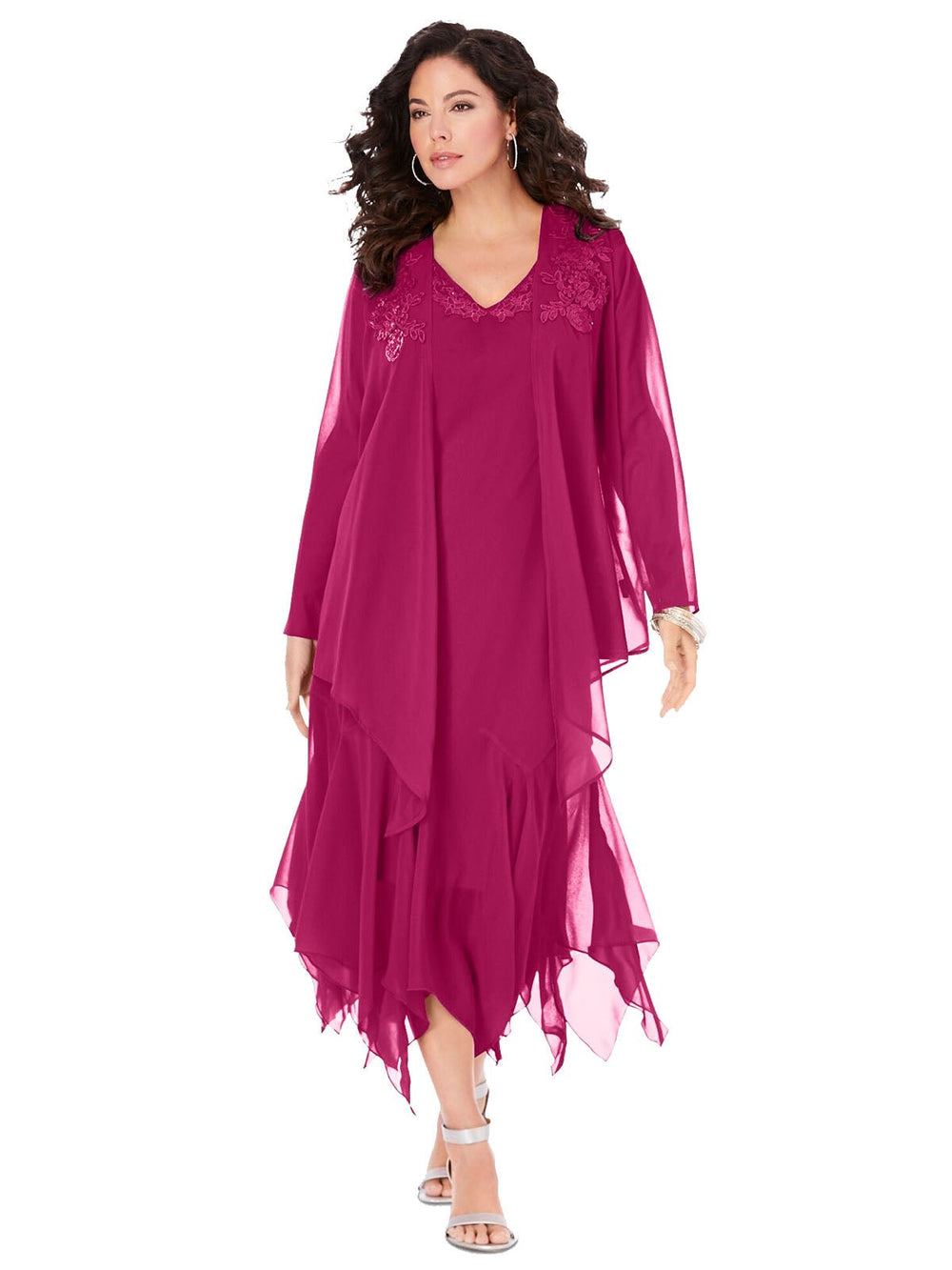 Plus Size Beaded Embellished Hanky Hem Dress & Jacket Set in Berry - Curvy Chic Boutique
