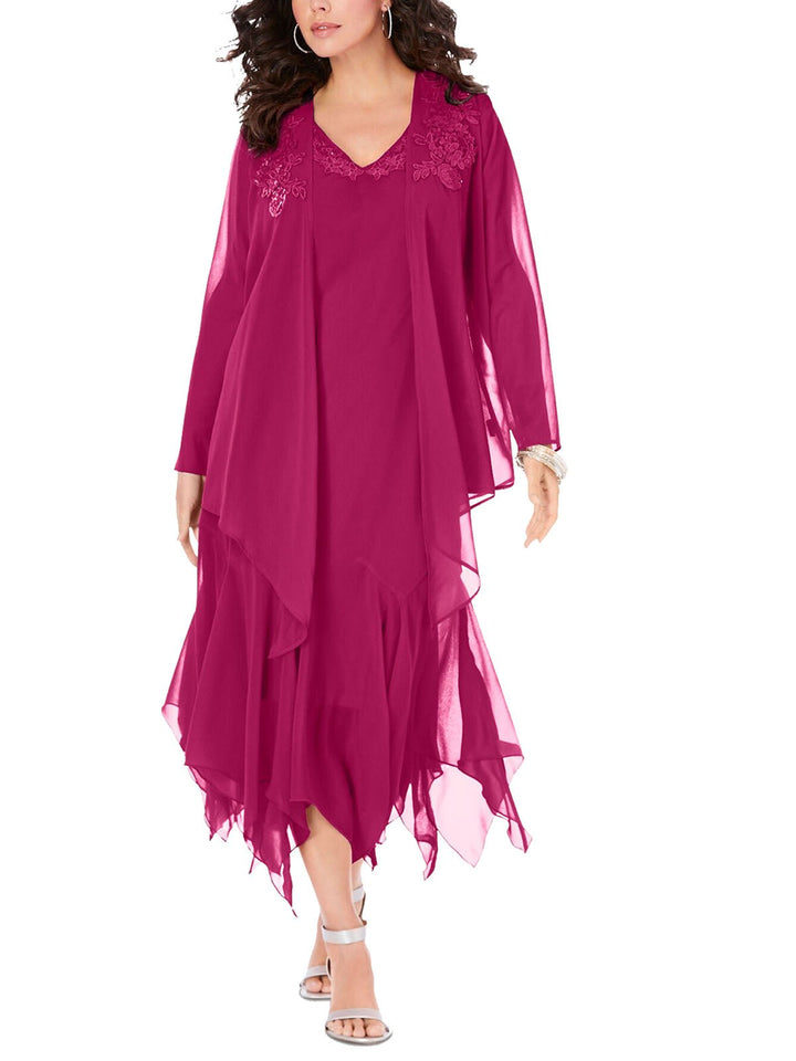 Plus Size Beaded Embellished Hanky Hem Dress & Jacket Set in Berry - Curvy Chic Boutique