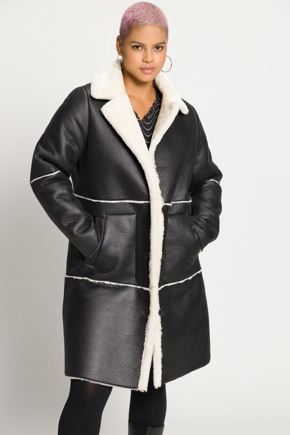 Plus Size Black Faux leather shearing coat - Curvy Chic Boutique