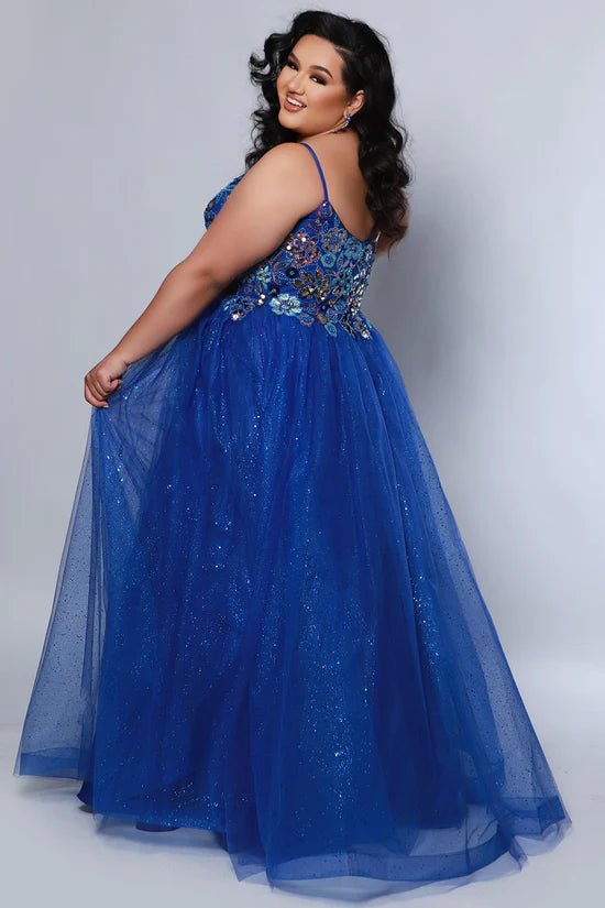Plus Size Blue Floral Embellished Sparkle Formal Dress - Curvy Chic Boutique