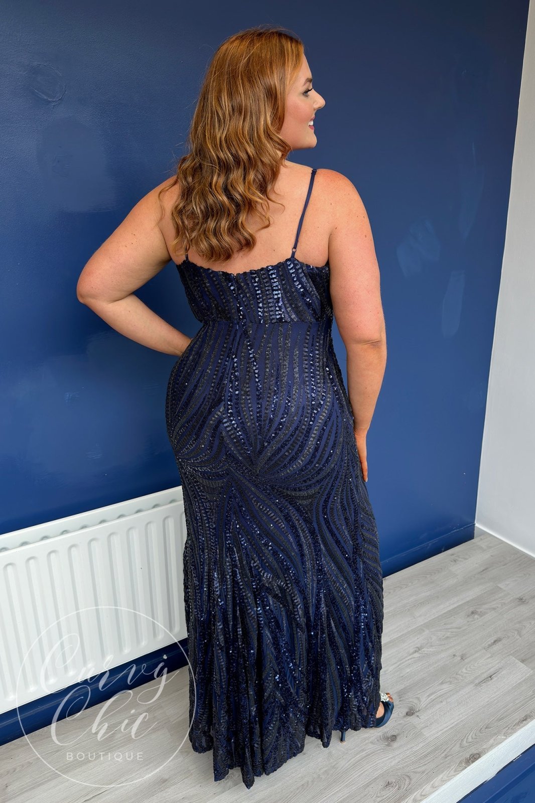 Plus Size Navy Sequin Maxi Dress with Spaghetti Straps - Curvy Chic Boutique