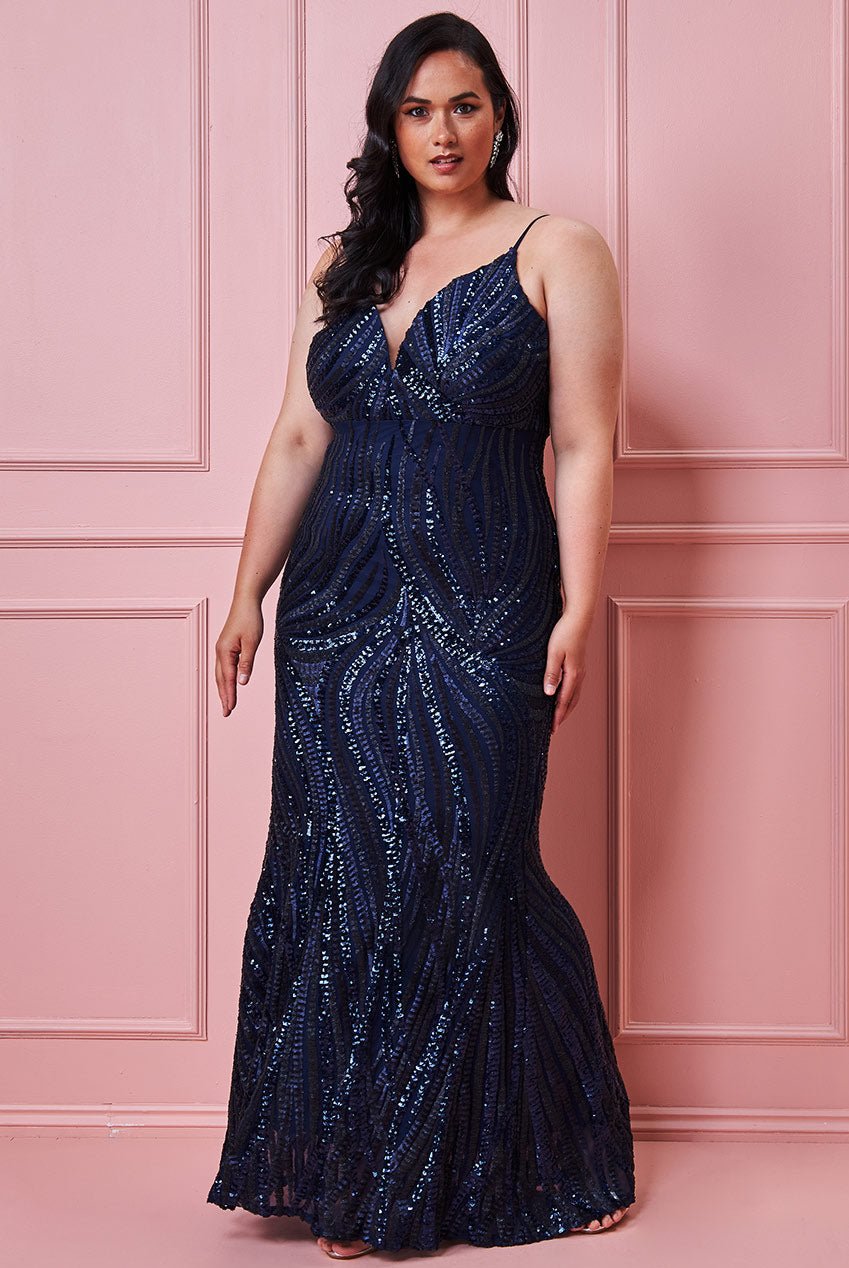 Plus Size Navy Sequinned Maxi Dress with Spaghetti Straps - Curvy Chic Boutique