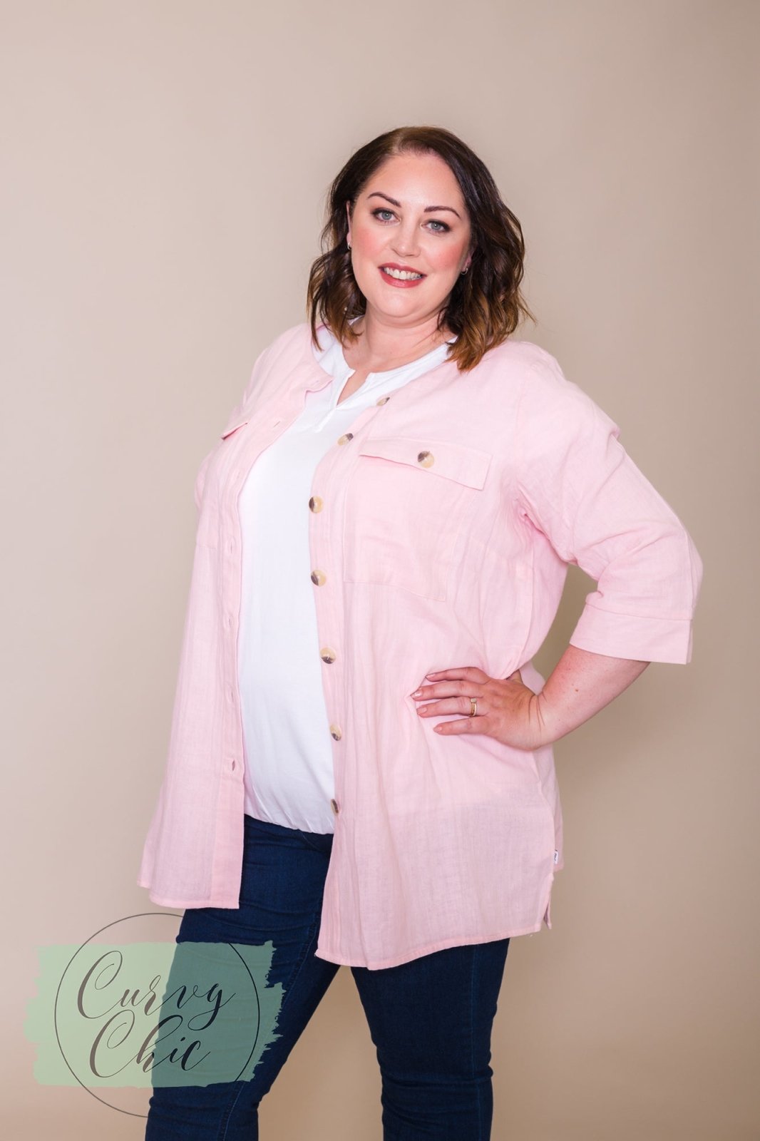 Plus Size Pink 3/4 Sleeve Shacket - Sustainable Collection - Curvy Chic Boutique