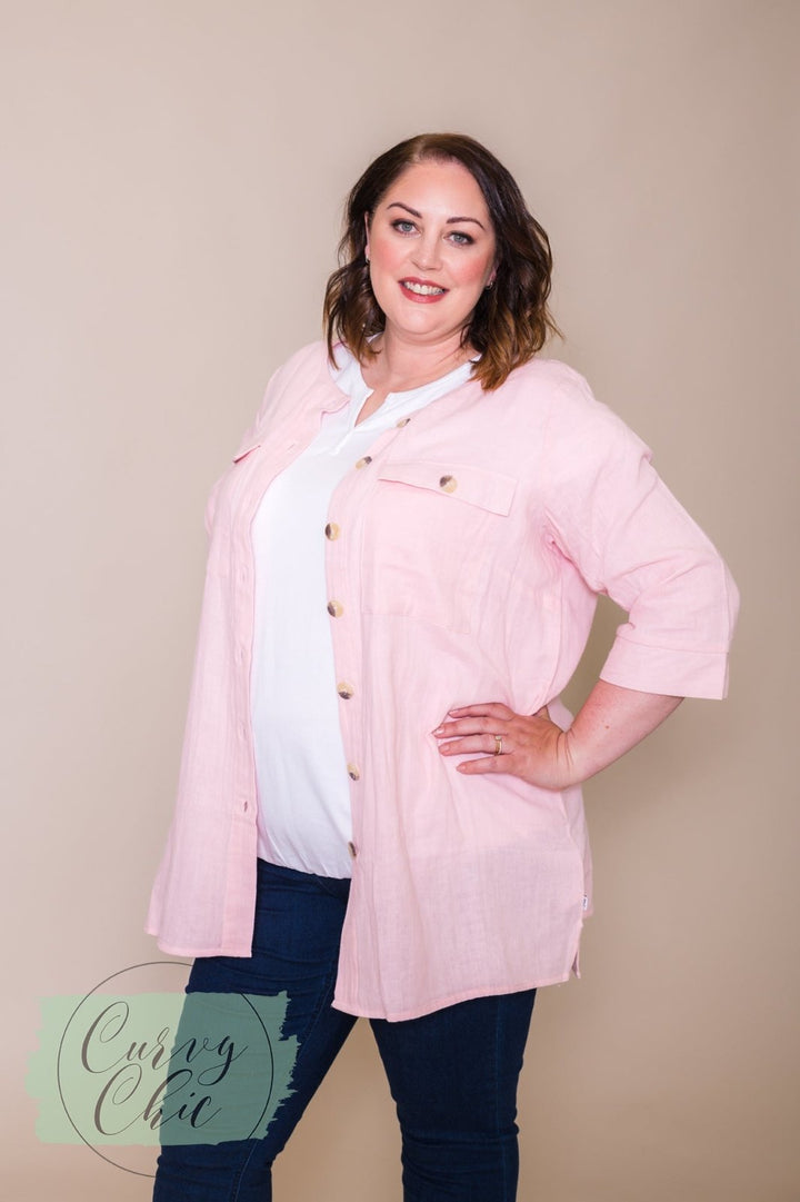 Plus Size Pink 3/4 Sleeve Shacket - Sustainable Collection - Curvy Chic Boutique