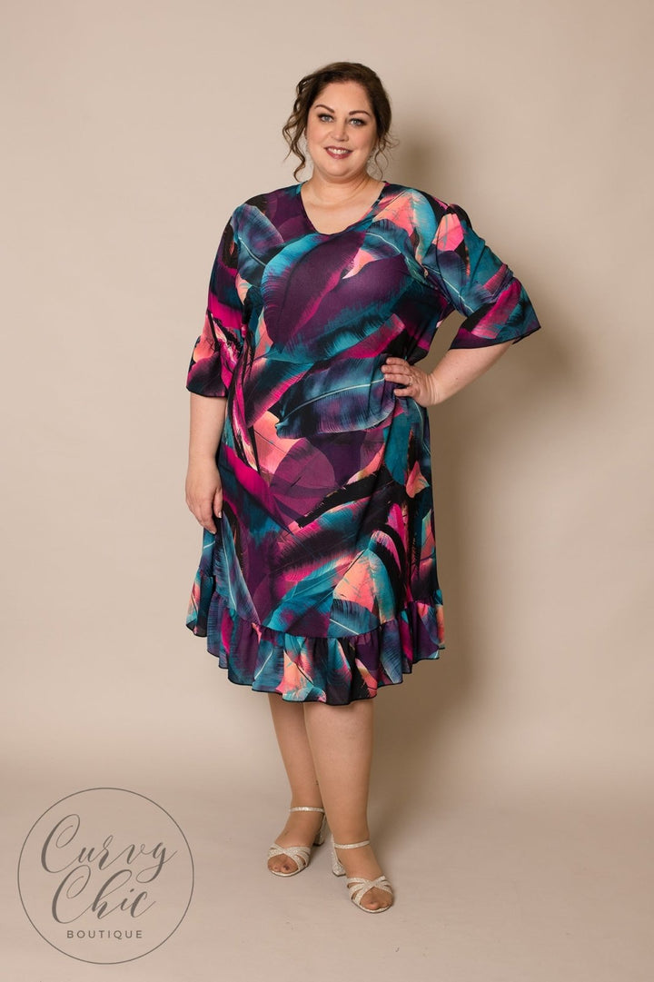 Plus Size Purple and Teal Multi Printed Tropical Midi Dress - Curvy Chic Boutique