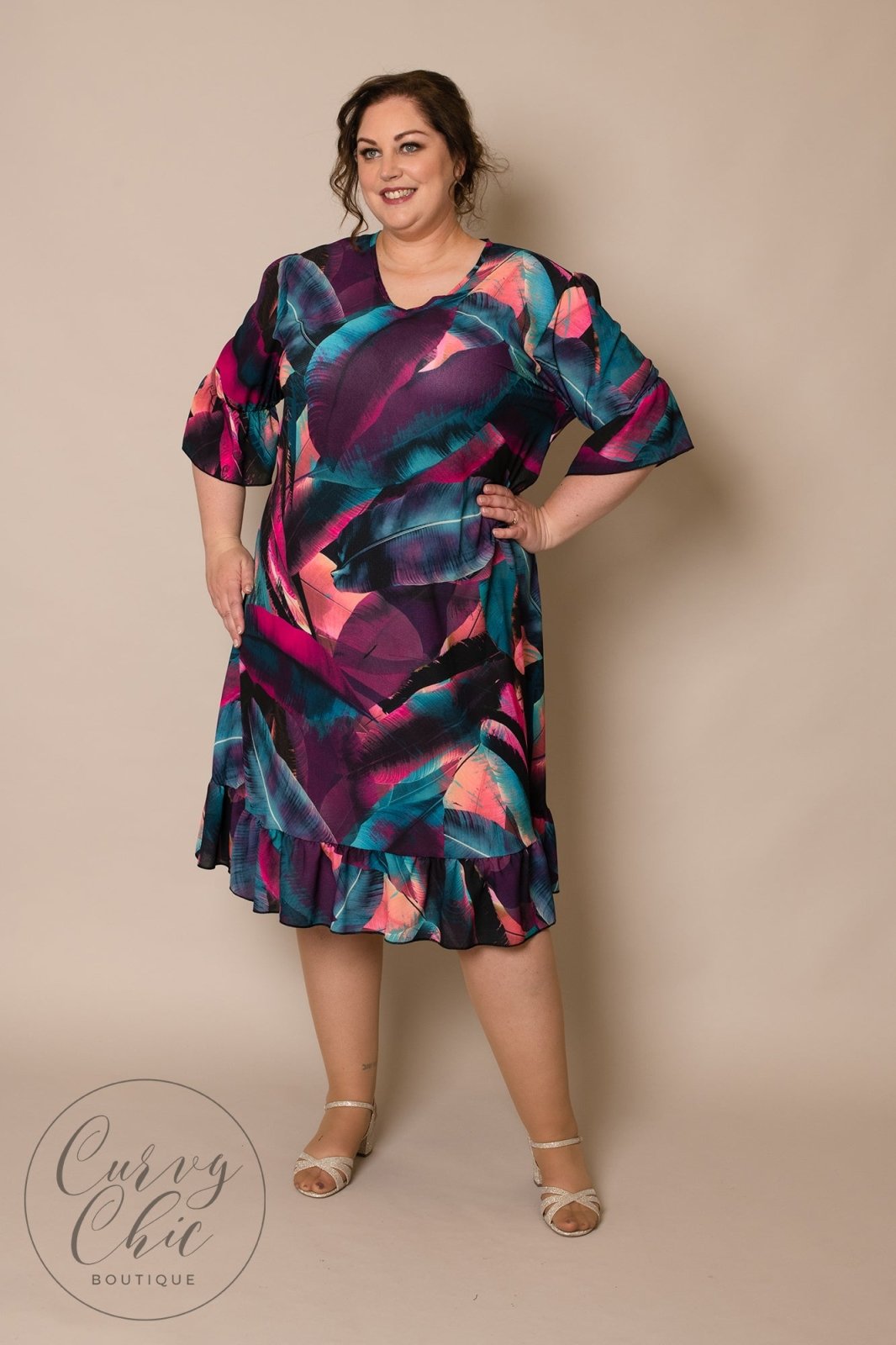 Plus Size Purple and Teal Multi Printed Tropical Midi Dress - Curvy Chic Boutique