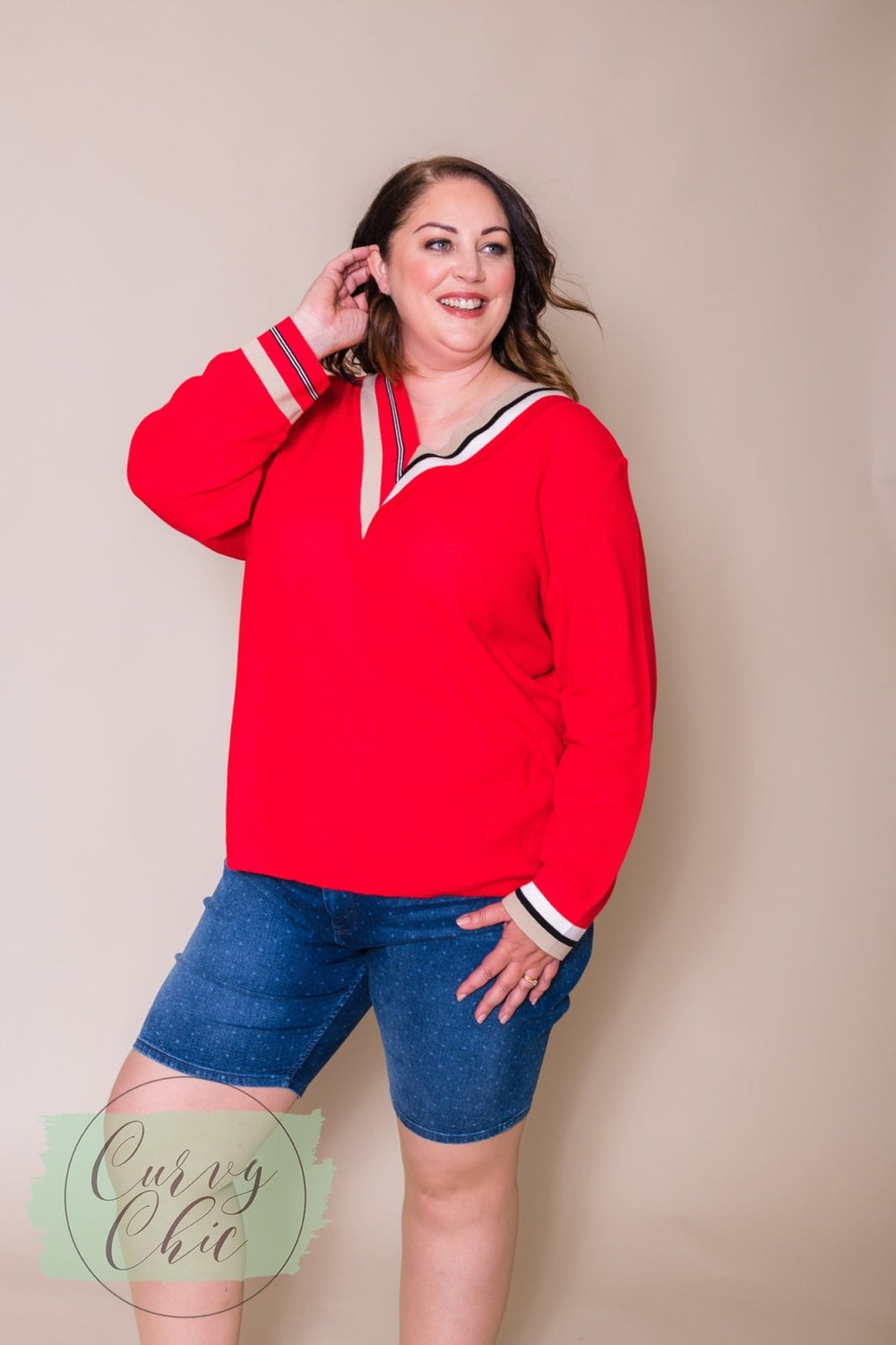 Plus Size Red and Beige V-Neck Jumper - Curvy Chic Boutique