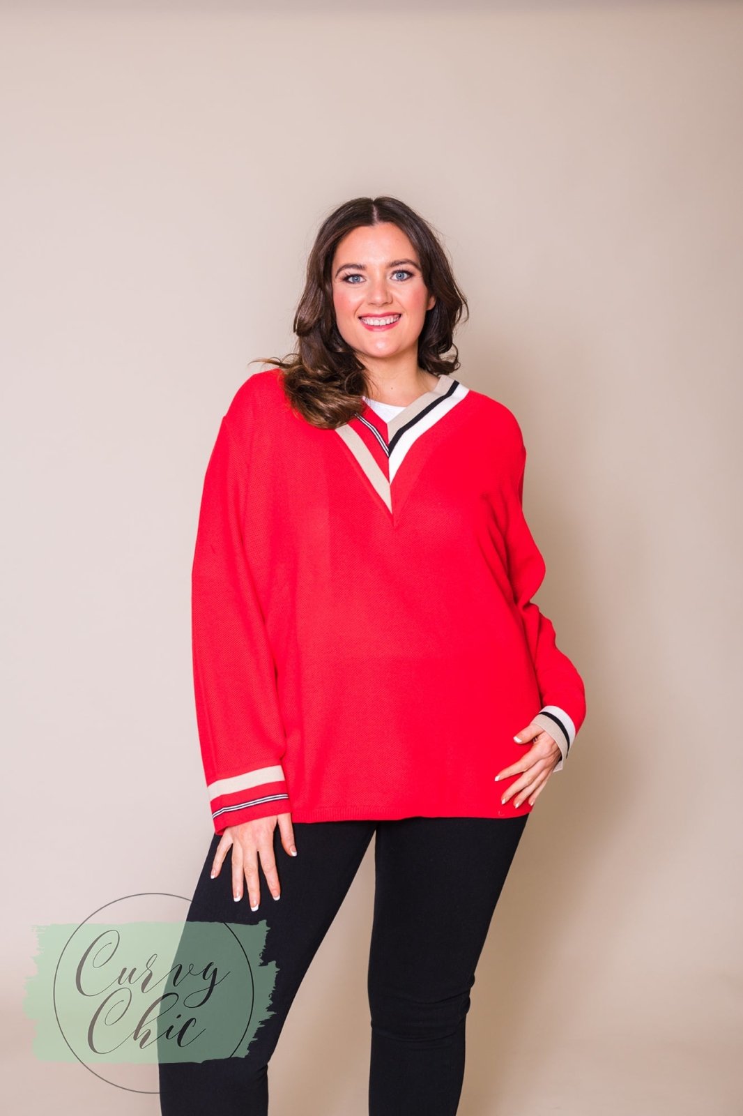 Plus Size Red and Beige V-Neck Jumper - Curvy Chic Boutique