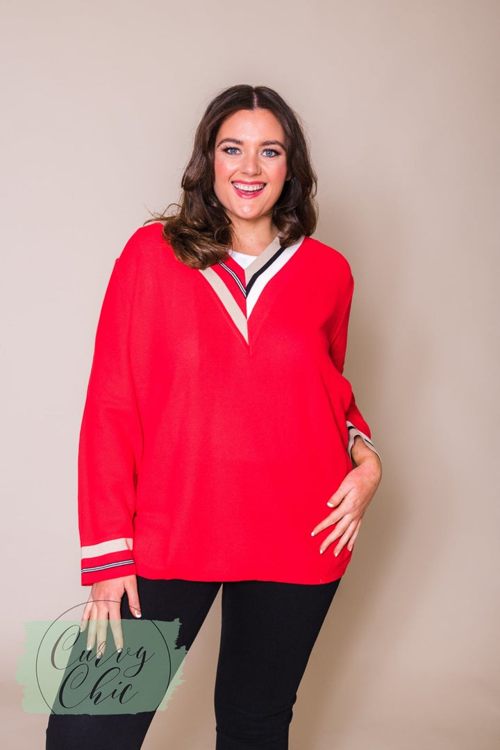 Plus Size Red and Beige V-Neck Jumper - Curvy Chic Boutique