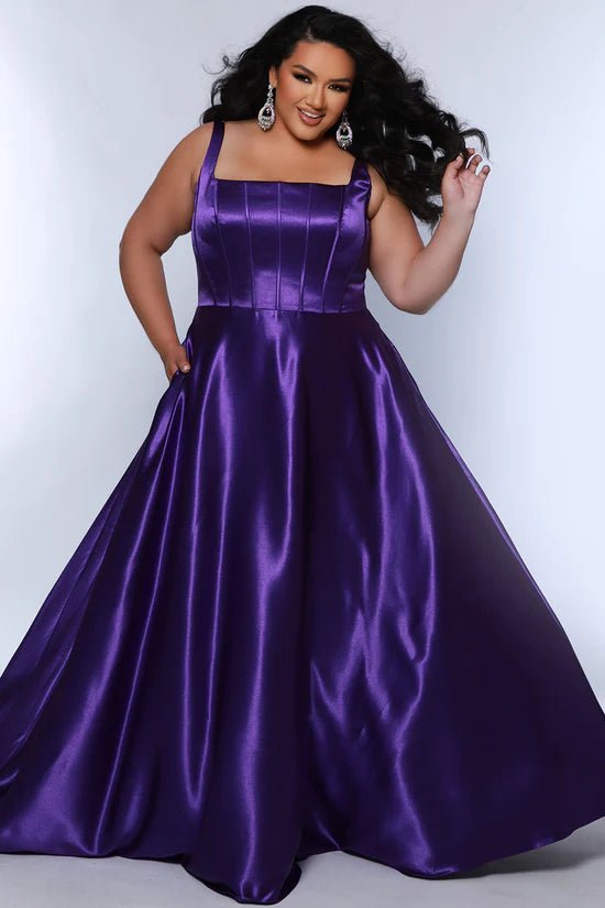 Plus Size Satin Square Neck Formal Ballgown in Wine or Purple - Curvy Chic Boutique