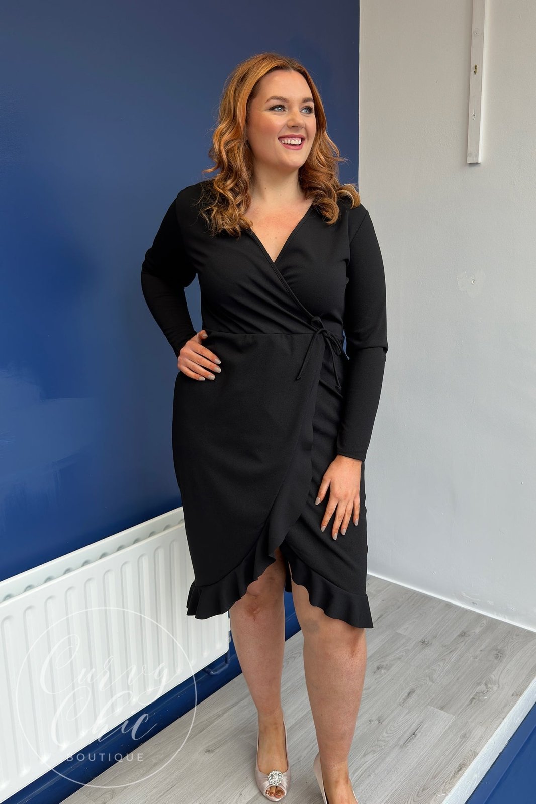 Plus Size Wrap Long Sleeved Midi Dress | Black or Red - Curvy Chic Boutique