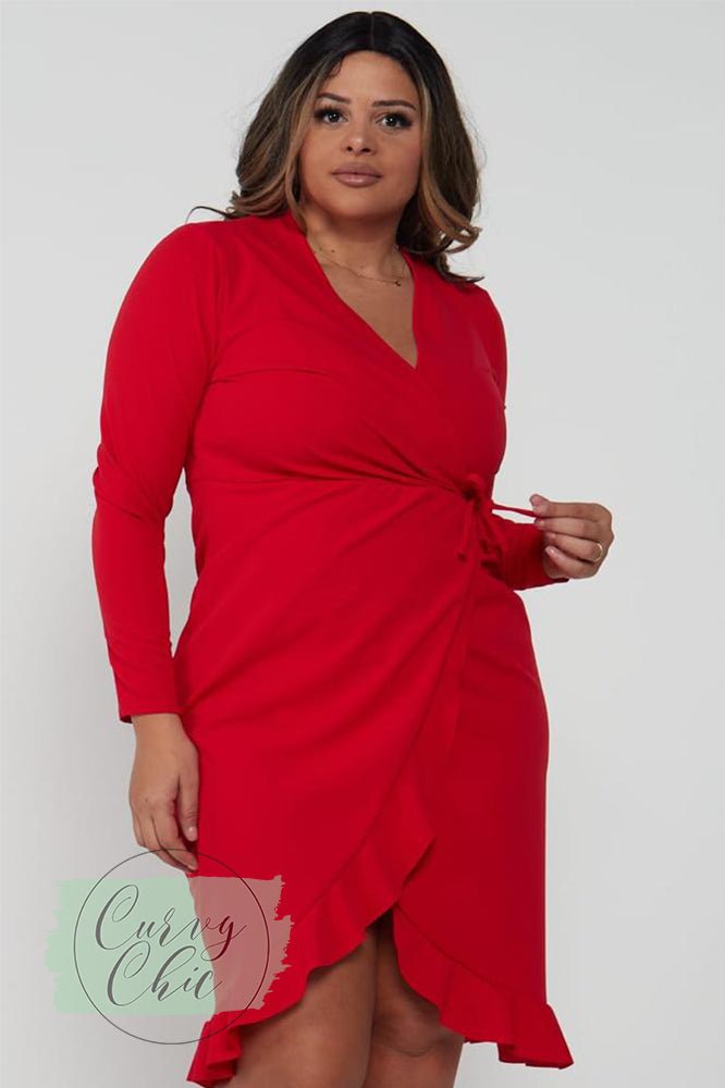 Plus size Wrap long sleeved midi dress in black or red - Curvy Chic Boutique
