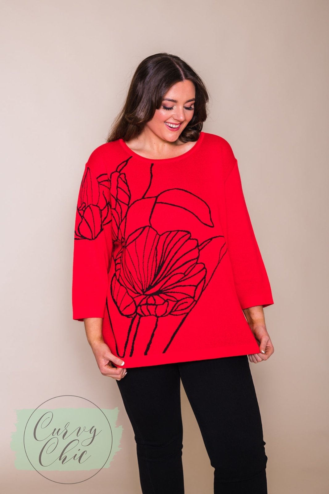 Red Knit Floral Design Plus Size Jumper - Curvy Chic Boutique