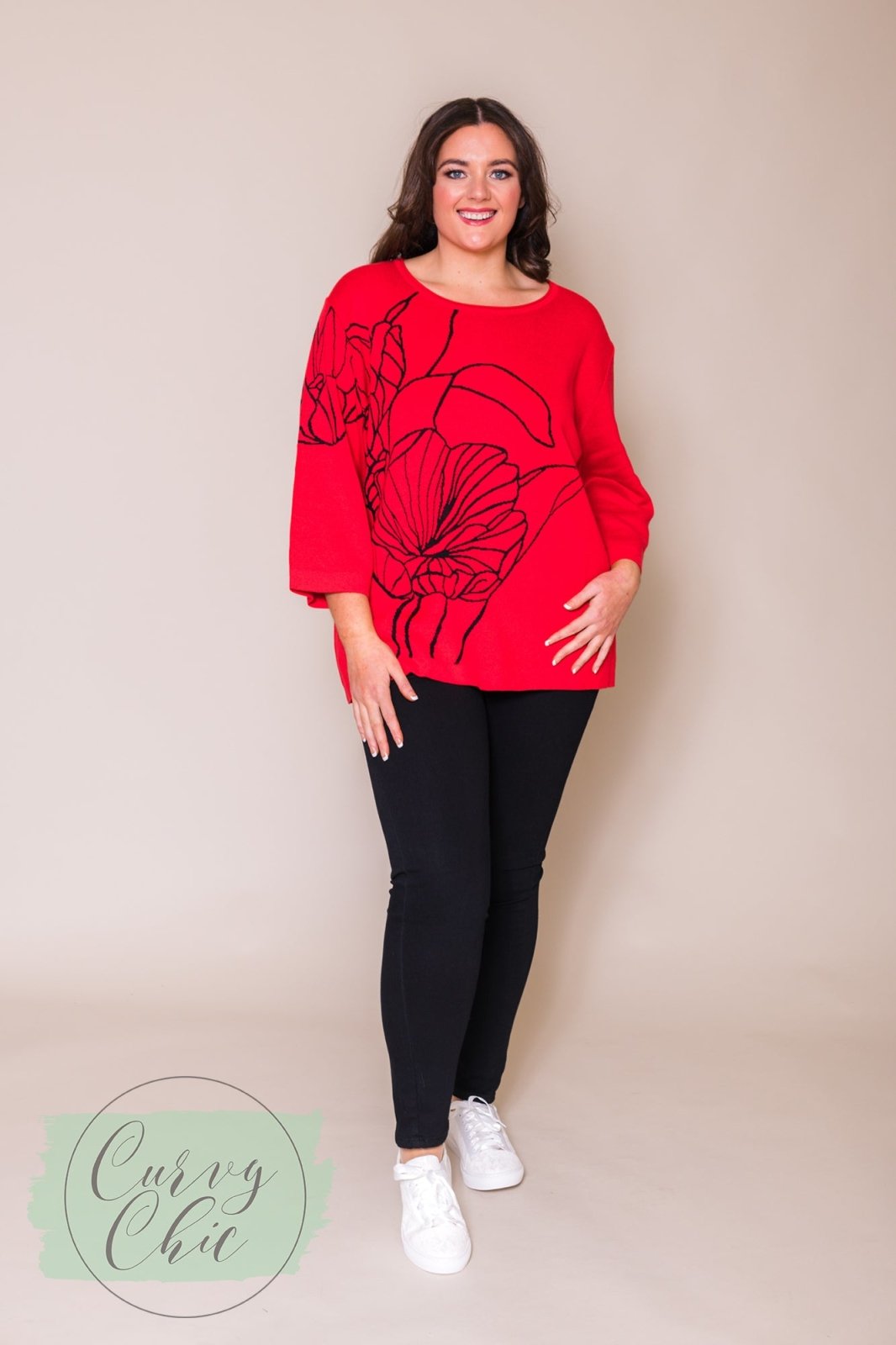 Red Knit Floral Design Plus Size Jumper - Curvy Chic Boutique