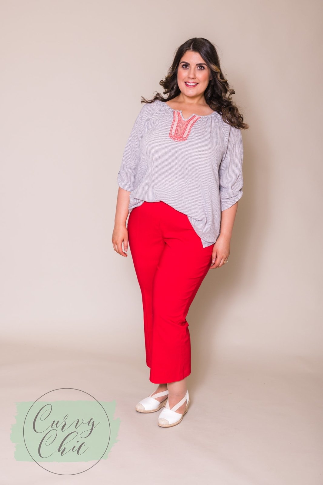 Red Plus Size Cropped Stretch Trousers with Flair Bottom - Curvy Chic Boutique