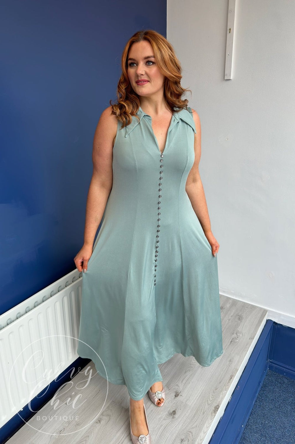 Sage Green Plus Size Maxi Button Down Collared Dress - Curvy Chic Boutique